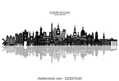 Europe travel concept. Europe famous monuments skyline. Paris, Rome, London, Moscow, Madrid, Amsterdam, Berlin, Vienna monuments. Vector illustration