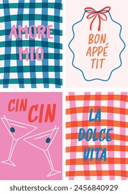 Europe Travel inspired set of 4 posters with Italian and french  sayings in Risograph style graphic technique. Perfect for wall art, t-shirt graphic, postcards etc. 