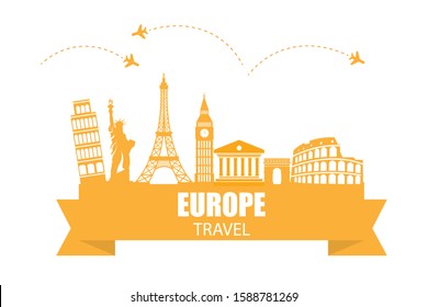 Europe travel symbol isolated on white background. Welcome to Europe with famous attractions. Vector illustration in modern flat design. Famous architectural landmark tourist.