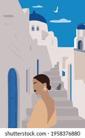 Europe travel vacation fun summer woman in Oia, Santorini, Greece island. Carefree girl tourist in European destination wearing fashion dress. Flat design illustration. 