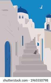 Europe travel vacation summer in Oia, Santorini, Greece island.  tourism in European. Flat design illustration.