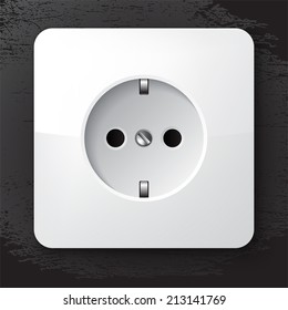 Europe type white plastic power socket on grunge dark background, vector illustration