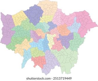 Mapa da Europa da Grande Londres do Reino Unido com Wards by 32 Boroughs e City of London