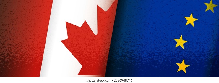 Europe Union Canada flags banner, background. Partnership, cooperation, alliance, deal, tax, tariffs, trade, sanctions, duties between Europe and  Canada