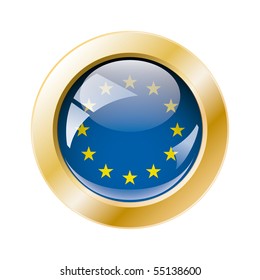 Europe union shiny button flag with golden ring vector illustration. Isolated abstract object against white background.