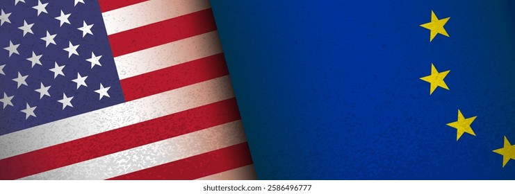 Europe union  U.S.  flags banner, background. Partnership crisis, competition tensions, tax, tariffs, trade, sanctions, duties partnerships between United States and Europe