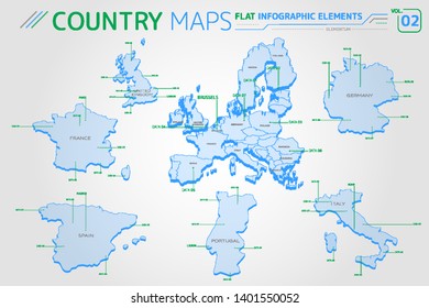 Europe, United Kingdom, France, Spain, Portugal, Italy and Germany Vector Maps