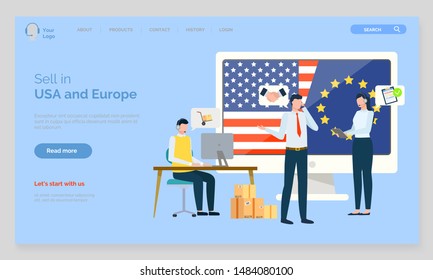 Europe and USA relations, business interaction vector, people cooperating working together. Collaboration of companies directors meeting. Website or webpage template, landing page flat style