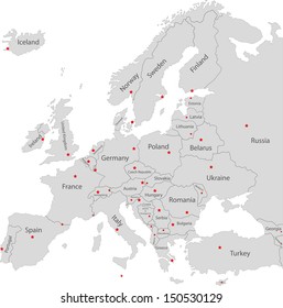 Europe vector map with capital cities