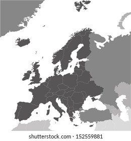 Europe Vector Map Colored By Continents: Black Is Europe, Light Black Is Partly In Europe Partly In Asia, Grey Is Asia And North Africa