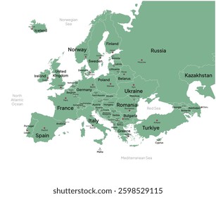 Europe vector map. Green Europe vector map with country names, border, and capital city names.