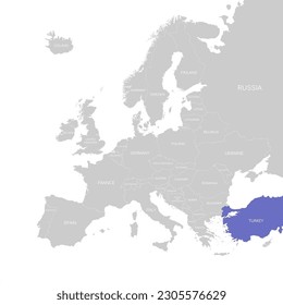 Europe vector map with national border and coloured state of Turkey