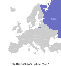 Europe vector map with national border and coloured state of Russia