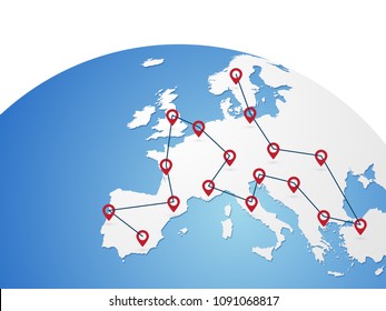 Europe vector map on world globe with red pins, marking the route