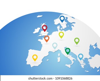 Europe vector map on world globe with color pins