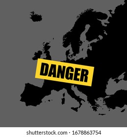 Europe and warnign and alert about danger and dangerous risk. vector illustration of map and yellow sign.