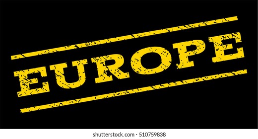 Europe watermark stamp. Text caption between parallel lines with grunge design style. Rubber seal stamp with scratched texture. Vector yellow color ink imprint on a blue background.