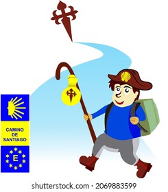 Europe. The way of st james. Santiago de Compostela. Route for hikers and walkers. With event sign and logo