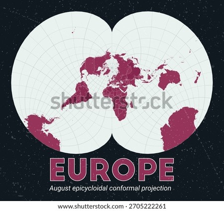 Europe. World map. August epicycloidal conformal projection centered to Europe. Pale Mint Dark Pink palette. Vintage texture. Awesome vector illustration.