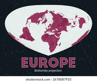 Europa. Mapa mundial. Proyección Bottomley centrada en Europa. Pale Mint Dark Pink. Textura de Antiguas. Ilustración vectorial ordenada.