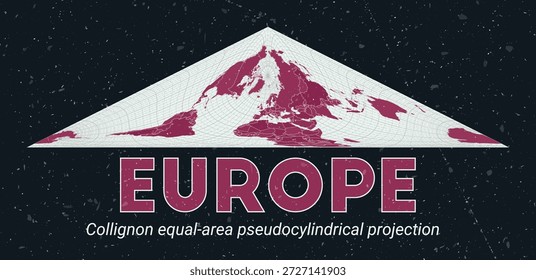 Europe. World map. Collignon equal-area pseudocylindrical projection centered to Europe. Pale Mint Dark Pink palette. Vintage texture. Amazing vector illustration.