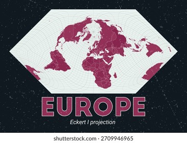 Europa. Mapa mundial. Proyección de Eckert I centrada en Europa. Pale Mint Dark Pink. Textura de Antiguas. Ilustración vectorial vibrante.