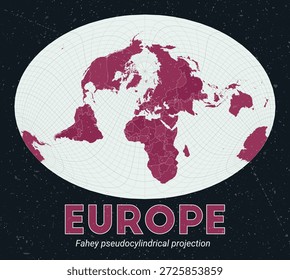 Europa. Weltkarte. Fahey pseudozylindrische Projektion zentriert auf Europa. Pale Mint Dunkelrosa Palette. Vintage-Textur. Klassische Vektorgrafik.