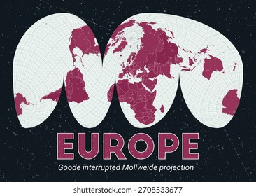 Europa. Mapa mundial. Goode interrumpió la proyección de Mollweide centrada en Europa. Pale Mint Dark Pink. Textura de Antiguas. Ilustración vectorial moderna.