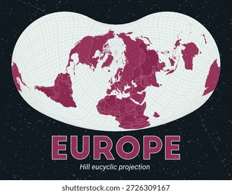Europa. Weltkarte. Hill euzyklische Projektion zentriert auf Europa. Pale Mint Dunkelrosa Palette. Vintage-Textur. Ansprechende Vektorgrafik.