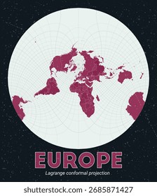 Europa. Mapa do mundo. Projeção conformal de Lagrange centrada na Europa. Paleta de menta pálida rosa escuro. Textura vintage. Ilustração de vetor cativante.