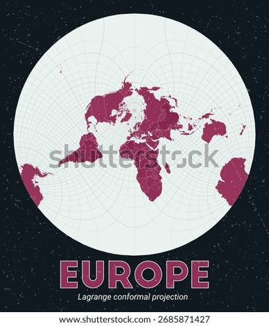 Europe. World map. Lagrange conformal projection centered to Europe. Pale Mint Dark Pink palette. Vintage texture. Captivating vector illustration.
