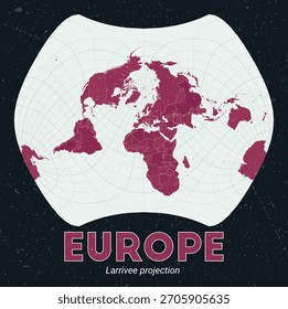 Europa. Mapa mundial. Proyección de Larrive centrada en Europa. Pale Mint Dark Pink. Textura de Antiguas. Ilustración vectorial clásica.