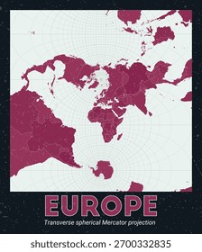 Europa. Mapa mundial. Proyección esférica transversal de Mercator centrada en Europa. Pale Mint Dark Pink. Textura de Antiguas. Ilustración vectorial encantadora.