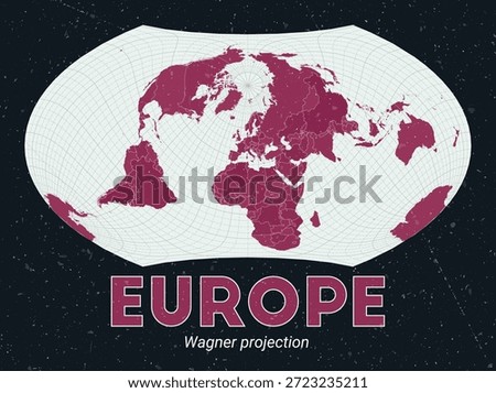 Europe. World map. Wagner projection centered to Europe. Pale Mint Dark Pink palette. Vintage texture. Alive vector illustration.