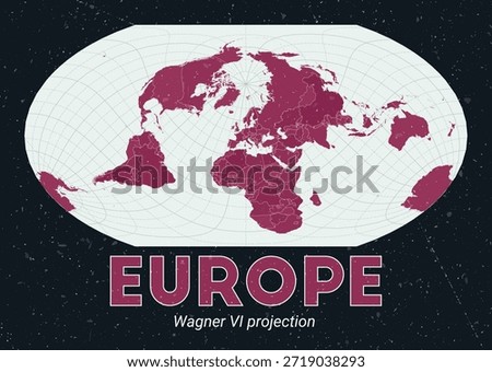 Europe. World map. Wagner VI projection centered to Europe. Pale Mint Dark Pink palette. Vintage texture. Amazing vector illustration.