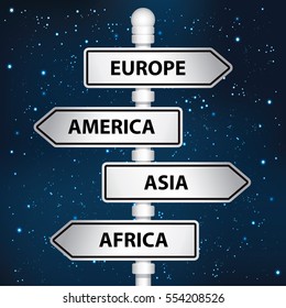 Europe,America,Asia and Africa signpost design,clean vector