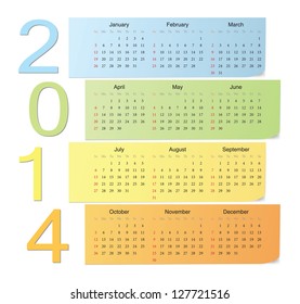 European 2014 color vector calendar with vertical numbers