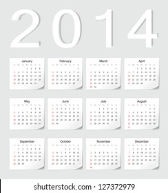 European 2014 vector calendar with shadow angles