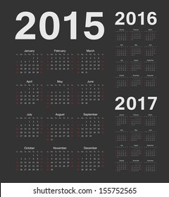 European 2015, 2016, 2017 year vector black calendars