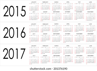 European 2015, 2016, 2017 year vector calendars