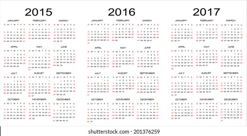 European 2015, 2016, 2017 year vector calendars