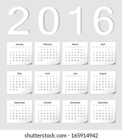 European 2016 vector calendar with shadow angles. Week starts from Sunday.