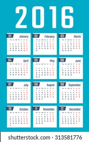 European 2016 year vector calendar
