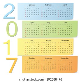 European 2017 color vector calendar with vertical numbers. Week starts from Sunday.