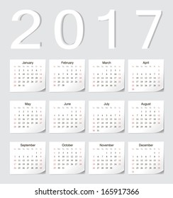 European 2017 vector calendar with shadow angles. Week starts from Sunday.