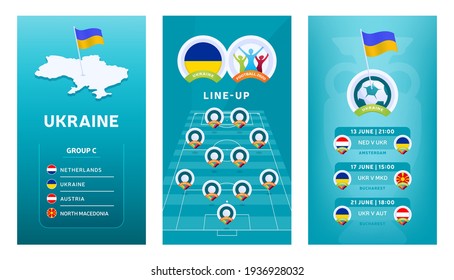 European 2020 Football Vertikal Banner Set für soziale Medien. Banner der Ukraine-Gruppe C mit isometrischer Karte, Pin-Flagge, Spielplan und Line-Up auf dem Fußballfeld