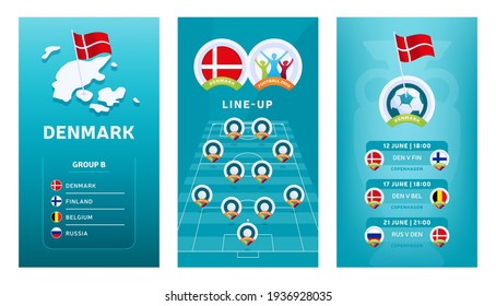 European 2020 football vertical banner set for social media. Euro 2020 Denmark group B banner with isometric map, pin flag, match schedule and line-up on soccer field