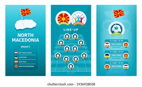 European 2020 football vertical banner set for social media. Euro 2020 North Macedonia group C banner with isometric map, pin flag, match schedule and line-up on soccer field