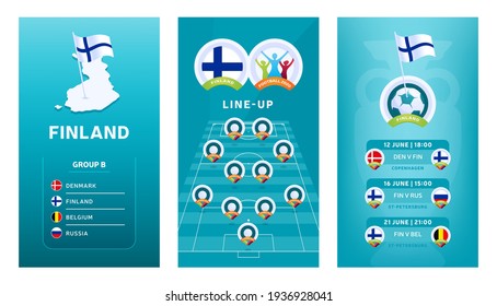 European 2020 football vertical banner set for social media. Euro 2020 Finland group B banner with isometric map, pin flag, match schedule and line-up on soccer field