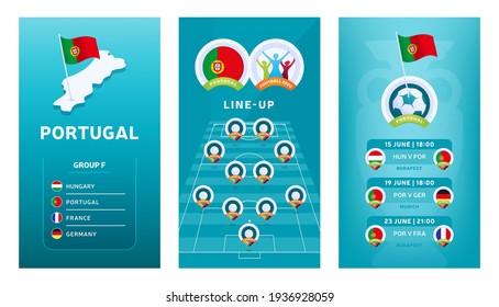 European 2020 football vertical banner set for social media. Euro 2020 Portugal group F banner with isometric map, pin flag, match schedule and line-up on soccer field